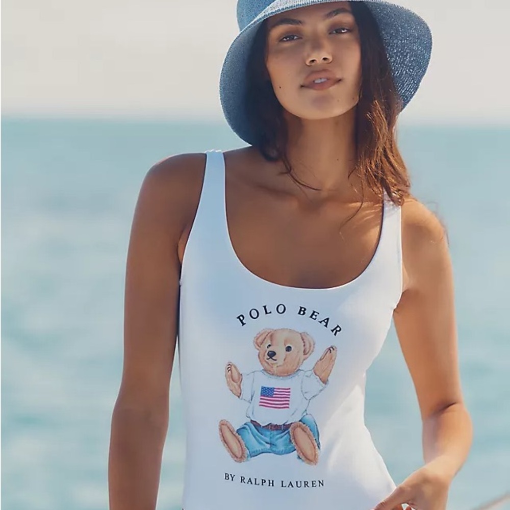 New Polo Ralph Lauren Polo Bear Scoop Neck Terry One Piece Swimsuit MEDIUM